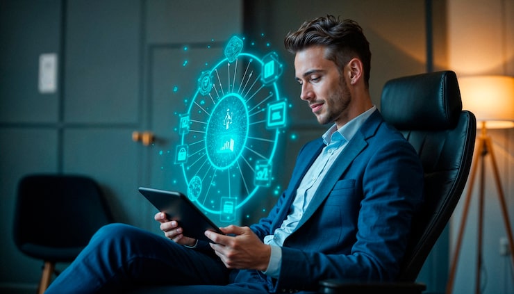 businessman using tablet with digital data interface 23 2151964662